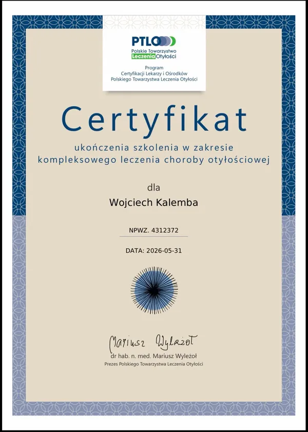 PTLO certificate — Wojciech Kalemba, MD, obesity treatment