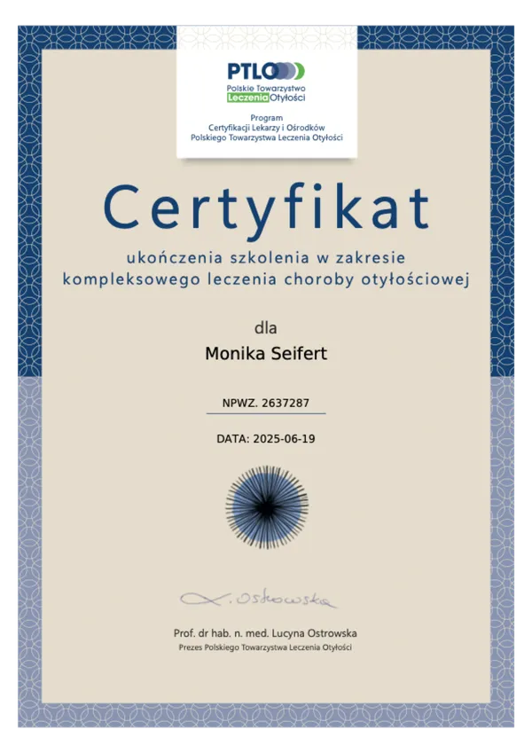 PTLO certificate — Monika Seifert, MD